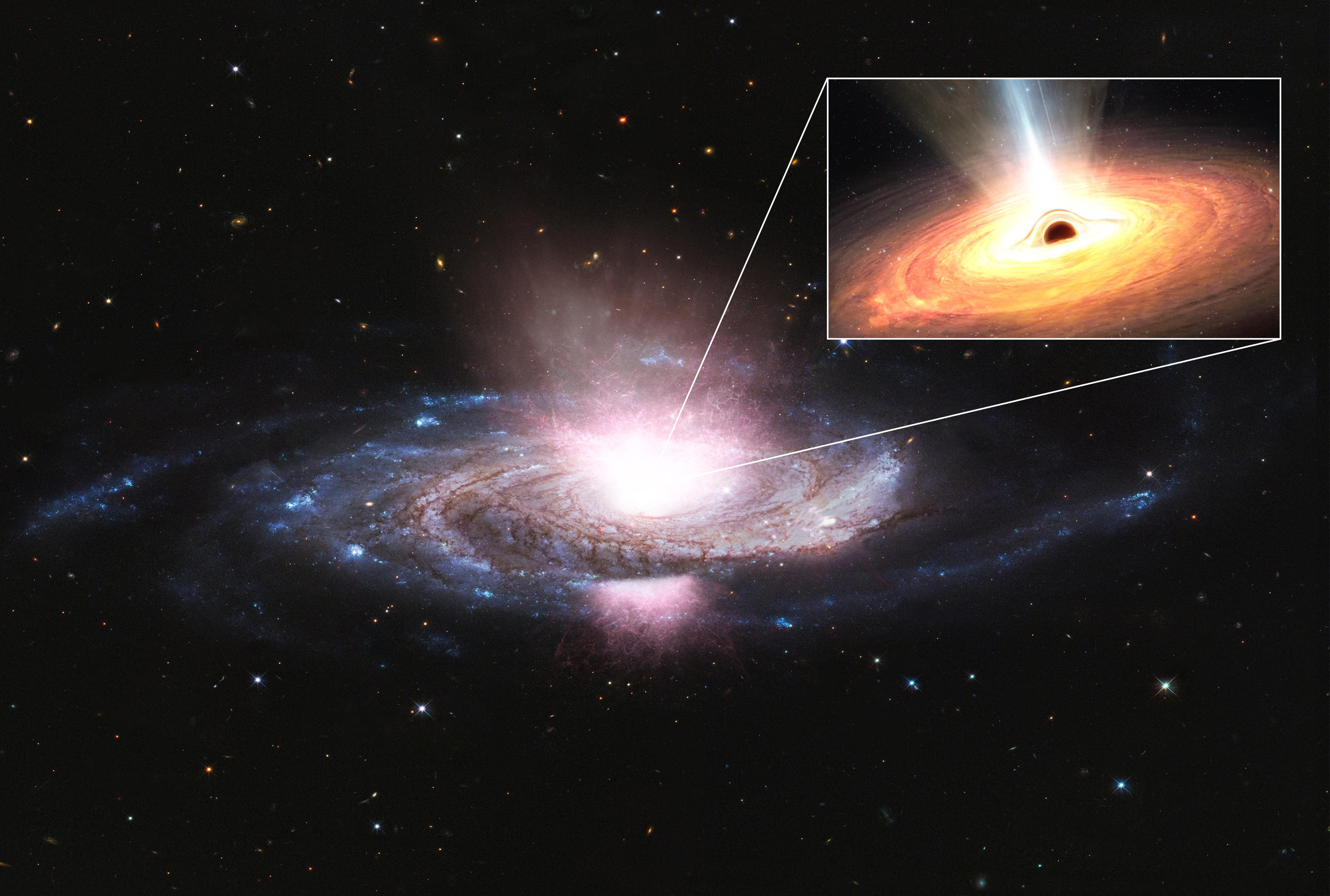 Au cœur de la galaxie, un trou noir supermassif aspire le gaz de son environnement, ce qui forme un disque d'accrétion chaud et lumineux (en orange). Les vents (en blanc) sont dus aux champs magnétiques présents dans le disque, qui projettent des particules dans toutes les directions à des vitesses incroyablement élevées. Ces vents bloquent efficacement les rayons X (en bleu) émis par le plasma extrêmement chaud qui entoure le trou noir, appelé couronne. [ESA - work performed by ATG]