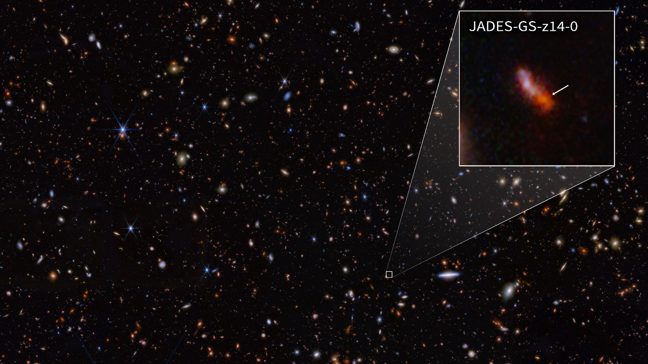 La galaxie JADES GS-z14-0 [NASA, ESA, CSA, STScI - B. Robertson (UC Santa Cruz), B. Johnson (CfA), S. Tacchella (Cambridge), P. Cargile (CfA)]