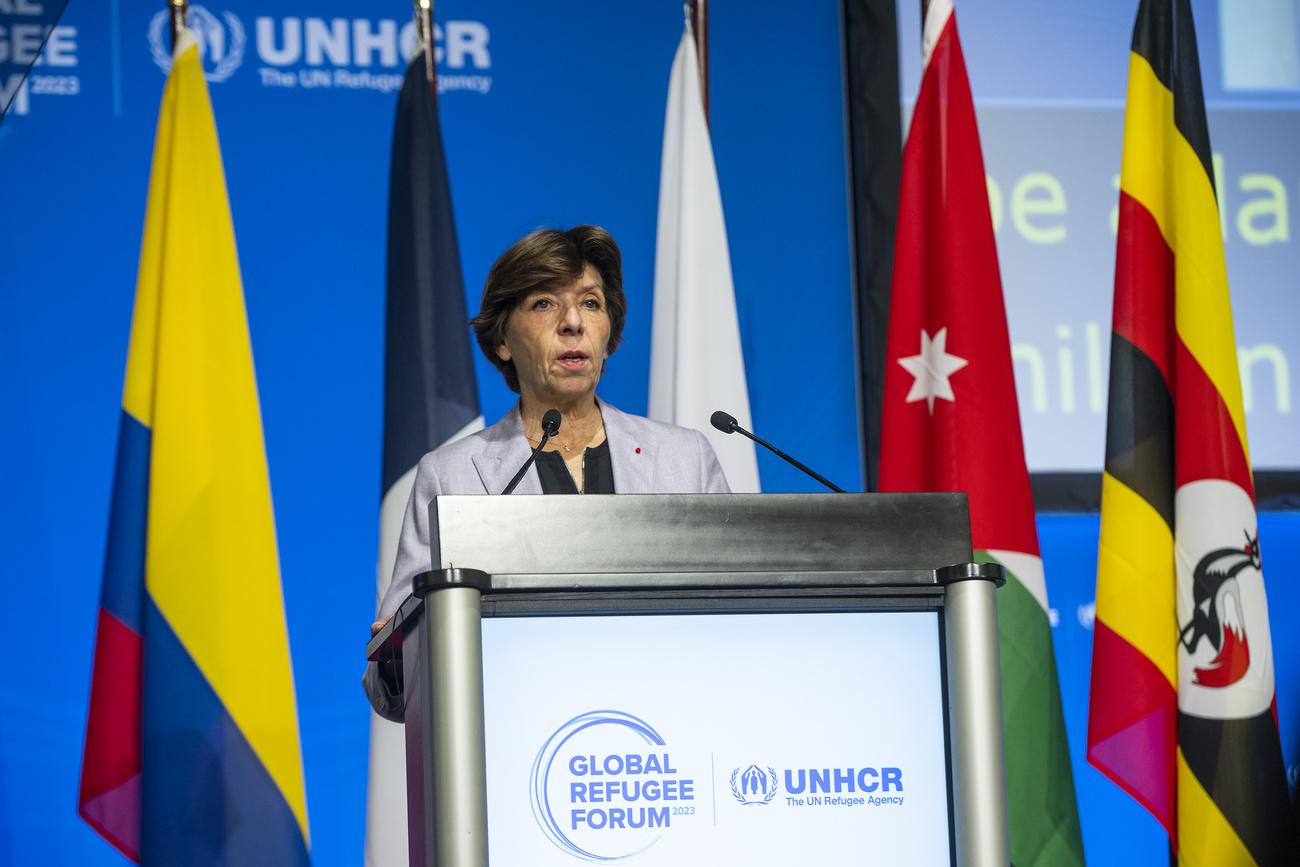 Catherine Colonna, alors ministre des Affaires étrangères, lors du forum mondial sur les réfugiés à Genève, le 13 décembre 2023. [KEYSTONE - JEAN-GUY PYTHON]