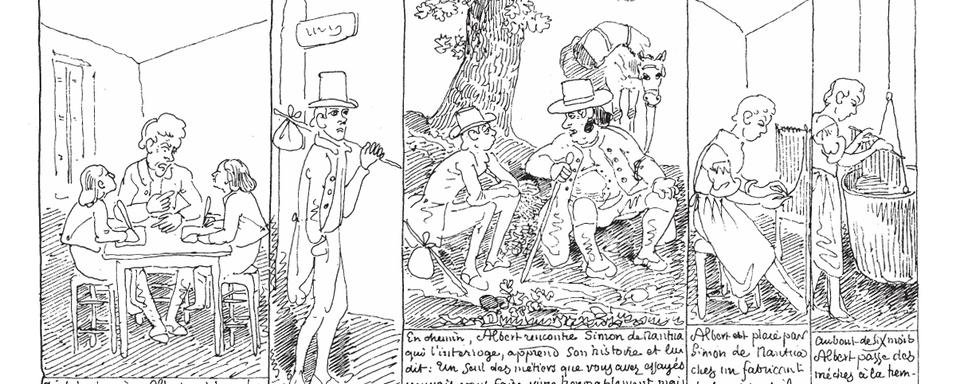 Une planche de BD réalisée par le genevois Rodolphe Töpffer, l'inventeur de la bande dessinée au XIXe siècle. [Albert Töpffer - Domaine public]