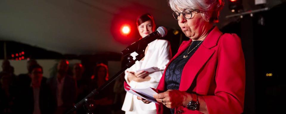 Elisabeth Baume-Schneider parle pendant la "Soirée Suisse" au Festival de Cannes. [Keystone]