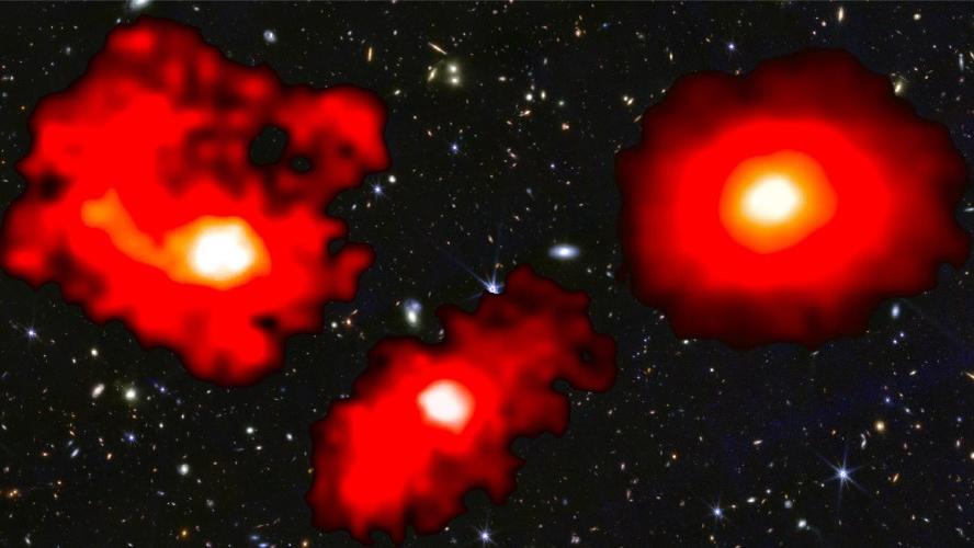 Photomontage d'images prises par le télescope spatial James Webb. Les trois "monstres rouges" sont des galaxies extrêmement massives et poussiéreuses dans le premier milliard d'années après le Big Bang, ce qui indique que l'Univers forme des étoiles plus efficacement que prévu. [NASA/CSA/ESA - M. Xiao & P. A. Oesch (University of Geneva), G. Brammer (Niels Bohr Institute), Dawn JWST Archive]