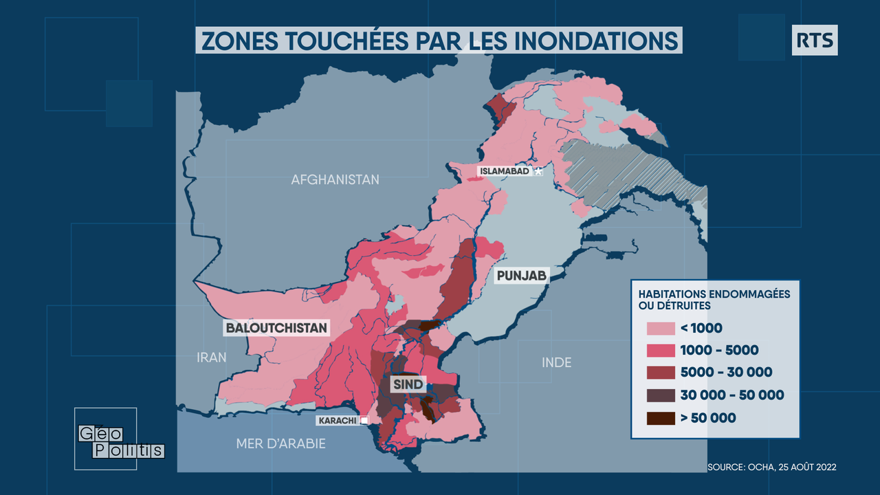 Les zones touchées par les inondations de 2022 au Pakistan. [RTS - Géopolitis]