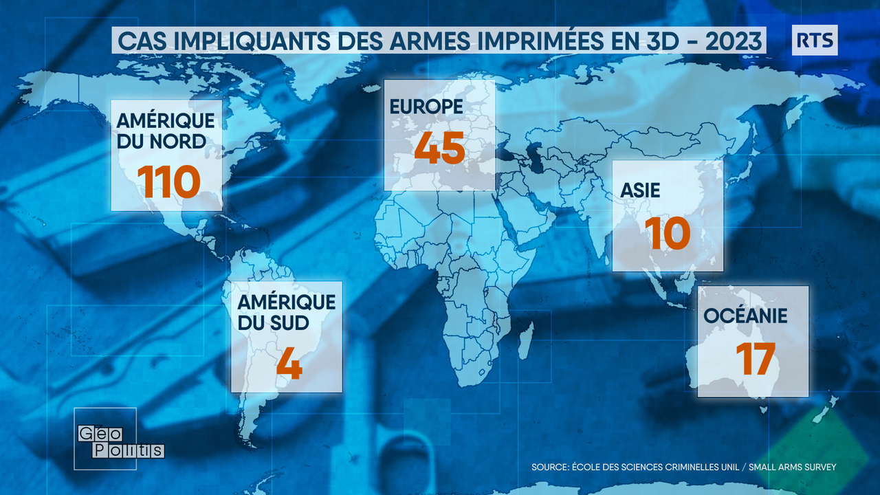 En Amérique du Nord et en Europe, le nombre de cas impliquants des armes imprimées en 3D ont été le plus élevés en 2023. [RTS - Géopolitis]