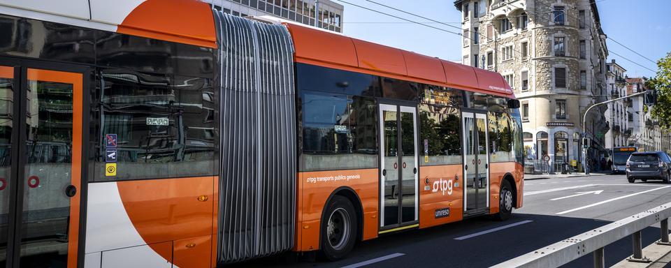 Un bus des transports publics genevois qui circule. [Keystone - Martial Trezzini]