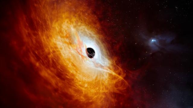 Cette vue d'artiste montre le quasar J059-4351, le noyau lumineux d'une galaxie lointaine alimenté par un trou noir supermassif. Il s'est révélé être l'objet le plus lumineux connu à ce jour dans l'Univers. Le trou noir supermassif, que l'on voit ici aspirer la matière qui l'entoure, a une masse 17 milliards de fois supérieure à celle du Soleil et sa masse augmente de l'équivalent d'un autre Soleil par jour, ce qui en fait le trou noir dont la croissance est la plus rapide jamais connue. [ESO - M. Kornmesser]
