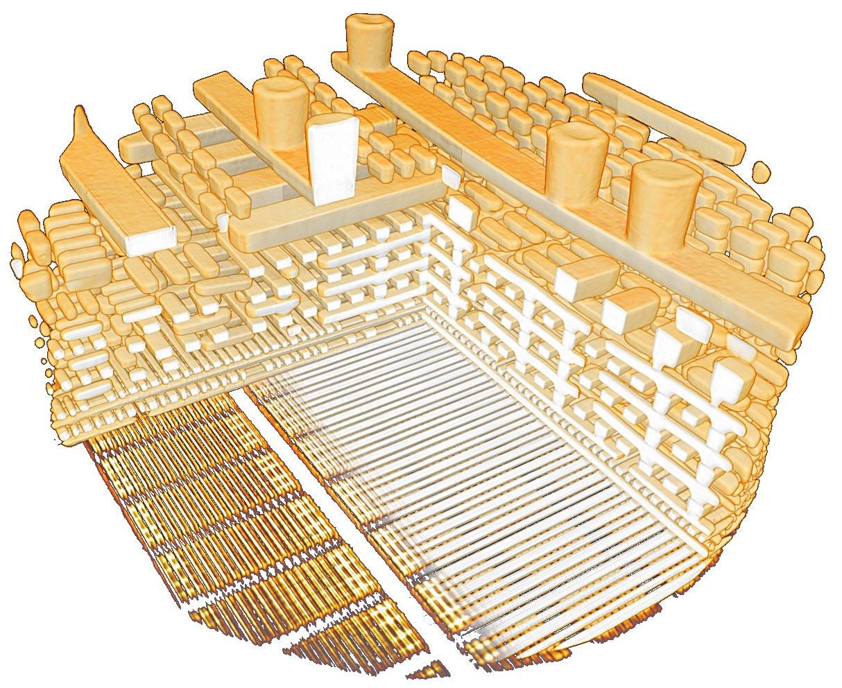 Vue de l'intérieur d'une puce informatique. La ptychographie a permis aux chercheurs de cartographier la structure tridimensionnelle de cette puce. L'image montre les différentes couches qui composent la puce. Les structures les plus grossières sont visibles en haut. La puce devient de plus en plus complexe au fur et à mesure que l'on descend dans les couches. [Institut Paul Scherrer (PSI) - Tomas Aidukas]