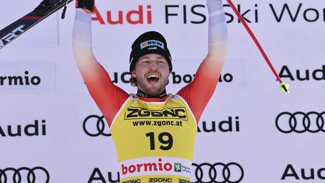 La joie d'Alexis Monney après sa sensationnelle victoire à Bormio. [Marco Trovati - Keystone]