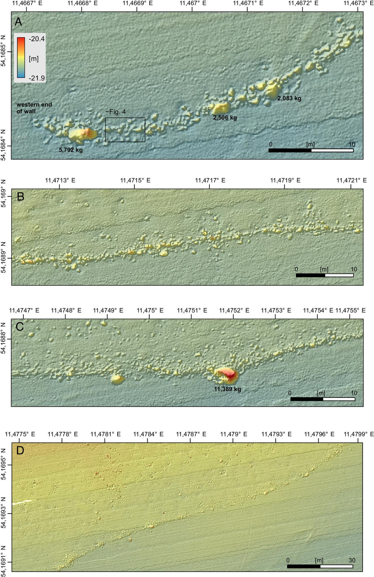 Les données bathymétriques à haute résolution (prises par un véhicule sous-marin autonome) décryptent la structure détaillée du mur de pierres. [PNAS]