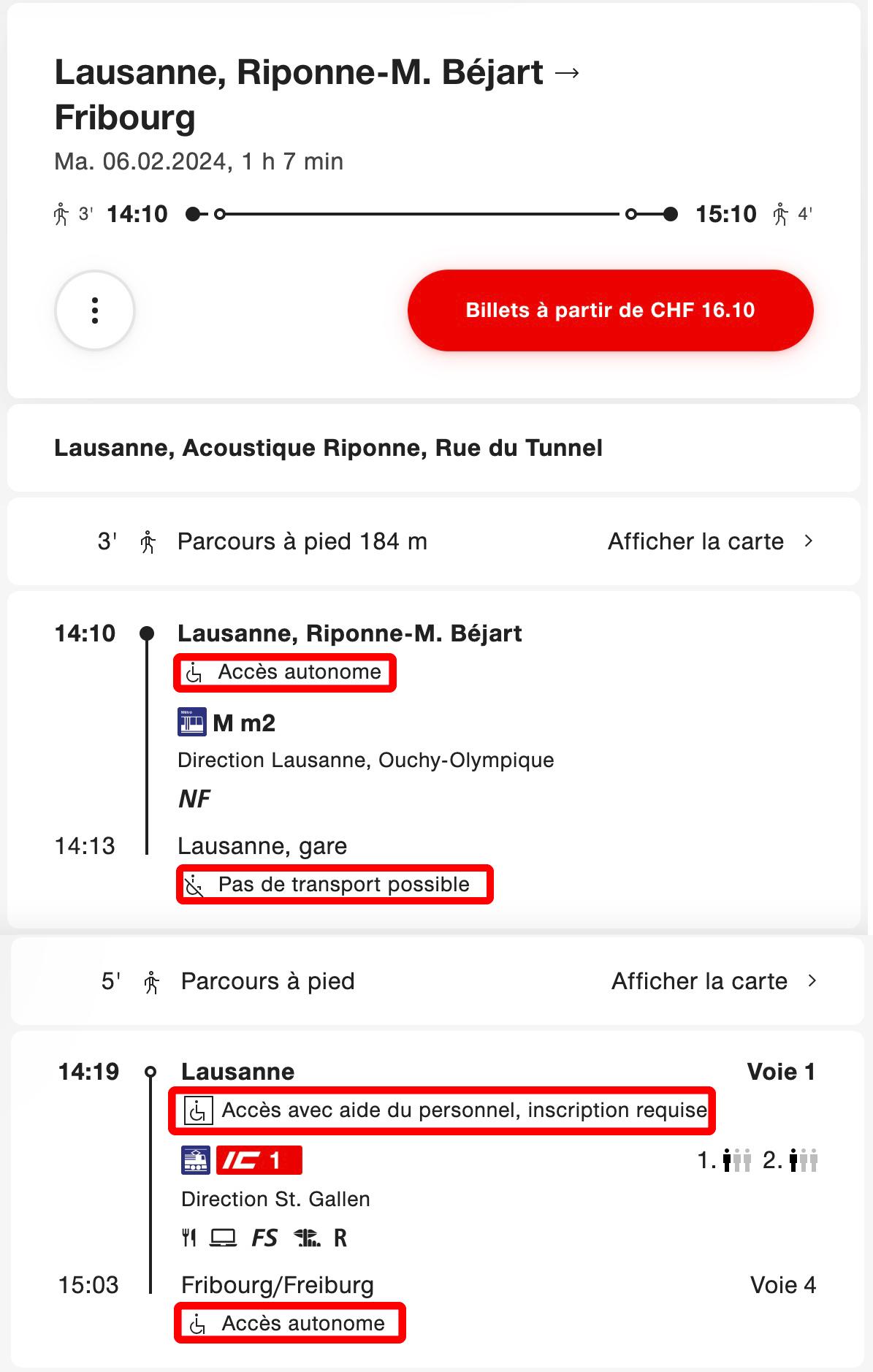 Entourées en rouge, les indications d'accessibilités sur l'horaire CFF