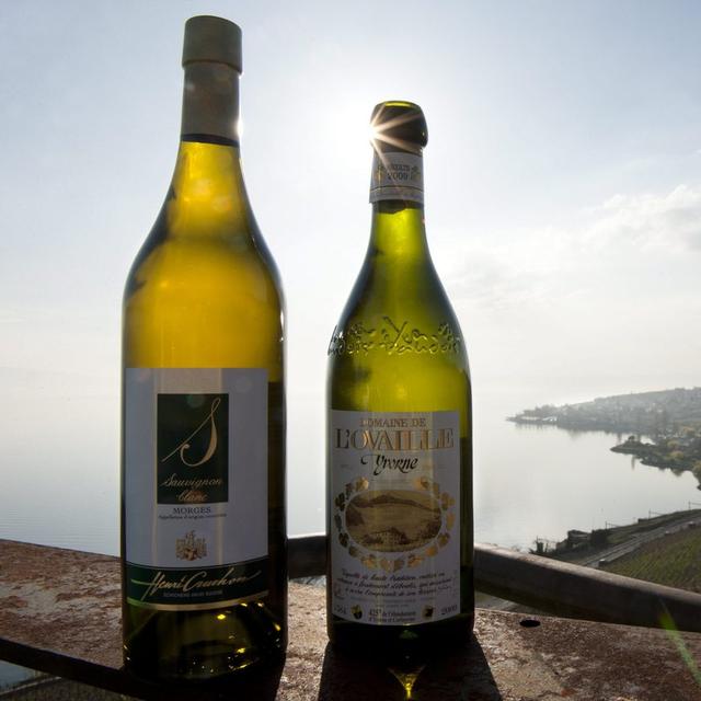 Deux bouteilles de vin blanc à Lavaux (image d'illustration). [Keystone - Laurent Gillieron]