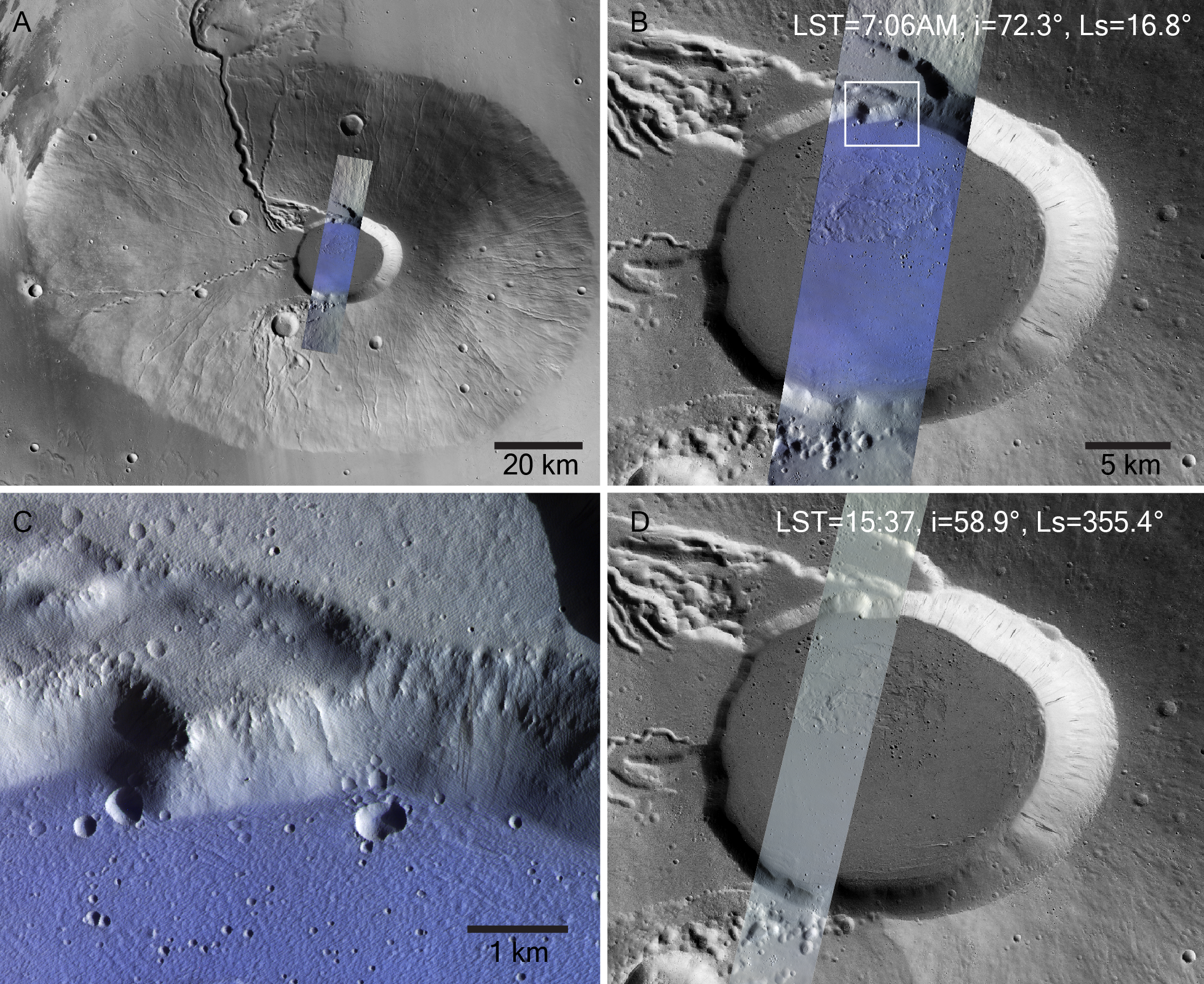 Du givre sur le sol de la caldeira du volcan Ceraunius Tholus. (A) Ceraunius Tholus prise par la caméra contextuelle de la sonde Mars Reconnaissance Orbiter (NASA), avec des observations matinales faites par CaSSIS superposées dans le rectangle bleu. Celui-ci est en gros plan dans l'image (B). Le rectangle blanc, délimitant une image encore plus zoomée, est montré dans l'image (C). L'image (D) montre une image CaSSIS de la même région acquise à un autre moment de la journée, lorsqu'il n'y a pas de givre. Les régions gelées apparaissent en bleu. [ESA/TGO/CaSSIS CC-BY-SA 3.0 IGO - ESA/DLR/FU Berlin]
