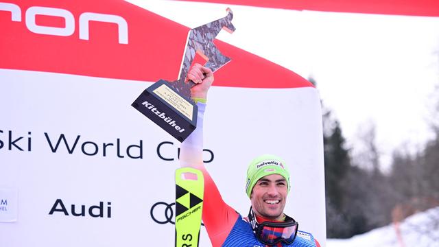 Le skieur suisse Daniel Yule s'est placé en 3e position lors du slalom masculin de Kitzbühel en Autriche, le 21 janvier 2024. [Keystone/EPA - Christian Bruna]