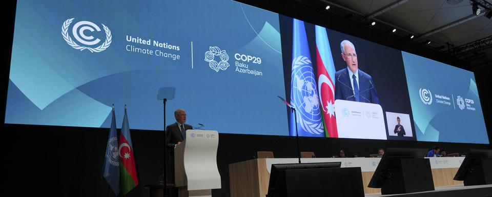 Le président de la COP29, Mukhtar Babayev, lors de son discours d'ouverture de l'événement à Bakou. [AP Photo/Keystone - Peter Dejong]