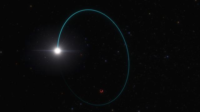 Le trou noir stellaire le plus massif de notre galaxie (hormis Sgr A*) a été découvert grâce au mouvement d'oscillation qu'il induit sur une étoile compagnon. Cette image d'artiste montre les orbites de l'étoile et du trou noir, baptisé Gaia BH3, autour de leur centre de masse commun. L'oscillation a été mesurée pendant plusieurs années par la mission Gaia (ESA). Des données supplémentaires provenant d'autres télescopes, notamment le VLT de l'ESO au Chili, ont confirmé que la masse de ce trou noir est 33 fois supérieure à celle de notre Soleil. La composition chimique de l'étoile compagnon suggère que le trou noir s'est formé après l'effondrement d'une étoile massive contenant très peu d'éléments lourds, ou métaux, comme le prévoit la théorie. [ESO - L. Calçada]