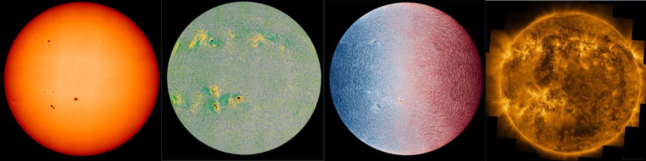 De gauche à droite, le Soleil en lumière visible (PHI), son magnétogramme (PHI), son tachogramme (PHI) et en ultraviolet (EUI). [Solar Orbiter/ESA & NASA - PHI + EUI Teams]