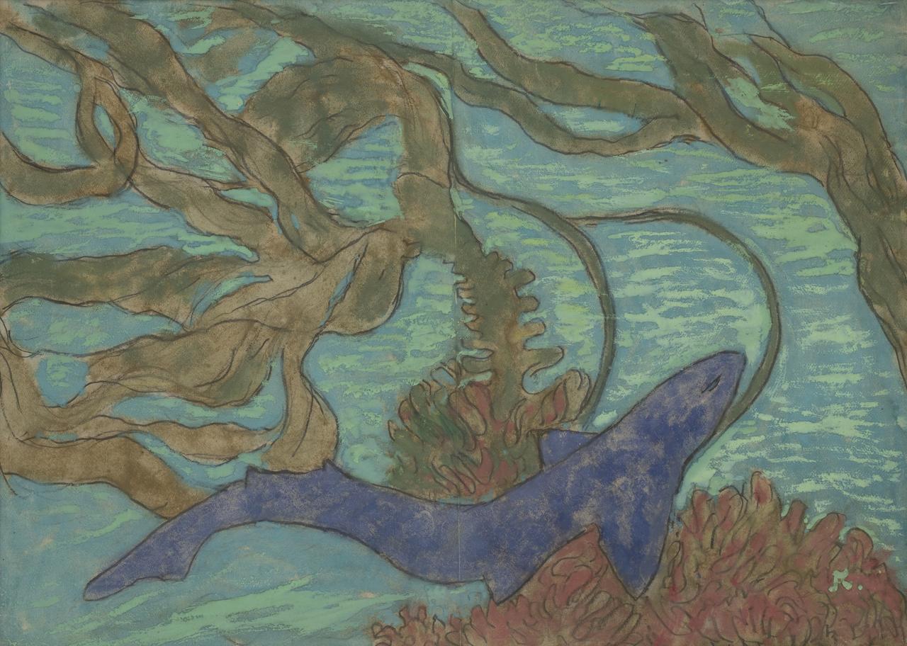 Jean-Francis Auburtin (1866–1930)"Algues au requin bleu", 1897 Gouache sur papier, 73×100 cm. [Collection particulière, Paris / MCBA - Jean-Louis Losi]