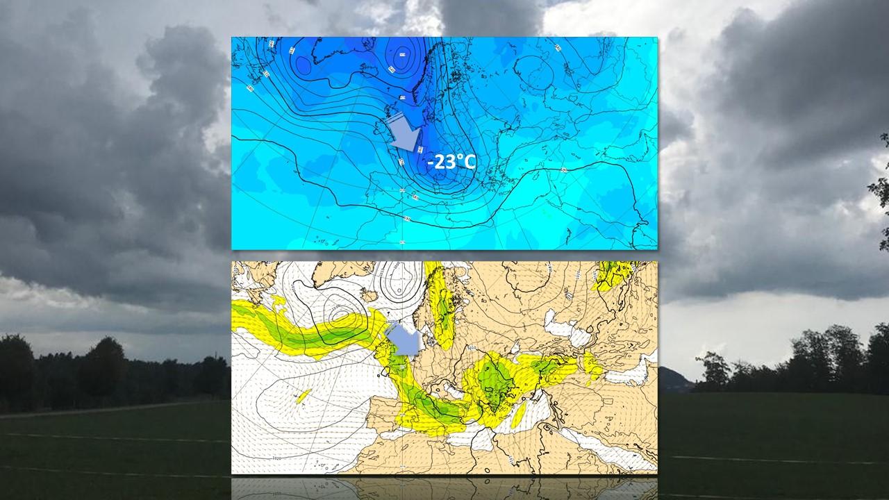 Températures vers 5500m (en haut) et position du jet stream (en bas) prévus par le centre européen (ECMWF) pour le 13 septembre 2024 [ECMWF - Georges Hulmann]