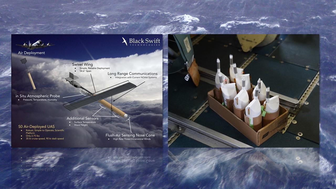 Drones de type Black Swift (à gauche) et sondes ultra légères de type Skyfora (à droite), utilisées pour prendre des mesures. [NOAA]