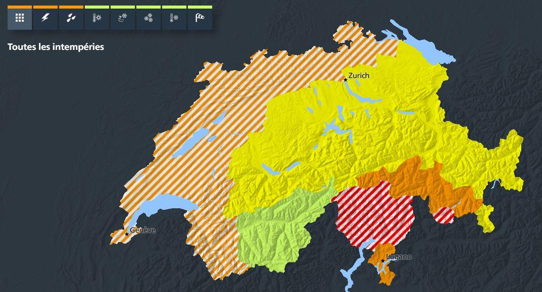 La carte des dangers de MétéoSuisse.