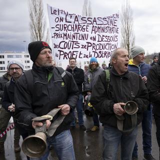 Les paysans suisses sont allés manifester à Berne devant le site de l'Ofag. [Keystone - Peter Schneider]