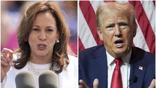 La vice-présidente démocrate Kamala Harris et le candidat républicain à la présidence, l'ancien président Donald Trump, en course pour la présidentielle du 5 novembre 2024. [KEYSTONE - CHARLES REX ARBOGAST]