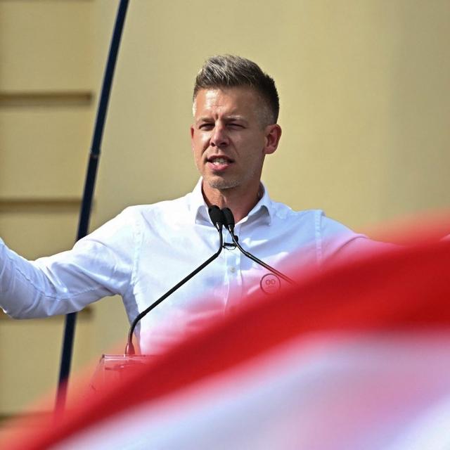 L'avocat Peter Magyar, figure de l'opposition en Hongrie, lors d'un rassemblement en vue de la campagne pour les élections européennes. [AFP - Attila Kisbenedek]