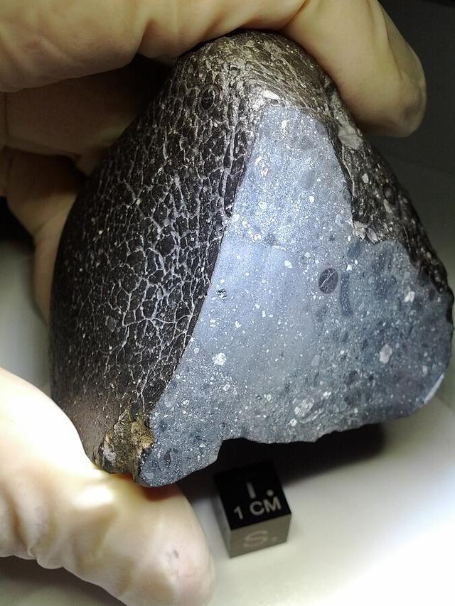 Surnommée "Black Beauty", la météorite martienne pèse environ 320 grammes et son âge estimé à 4,4 milliards d'années. NWA 7034 a été trouvé en 2011 au Maroc. En tout, 17 morceaux du même météroïde ont été découverts, pour une masse totale de 941 grammes: cet échantillon en fait partie. [NASA - wikimedia]