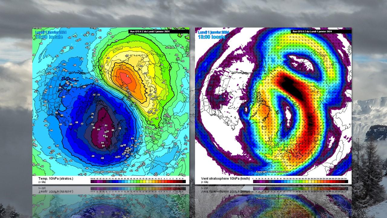 Températures et circulation des courants au niveau du vortex polaire le 1er janvier 2024. [RTS/GFS/NOAA/Météociel.fr - Danièle Bétrisey]