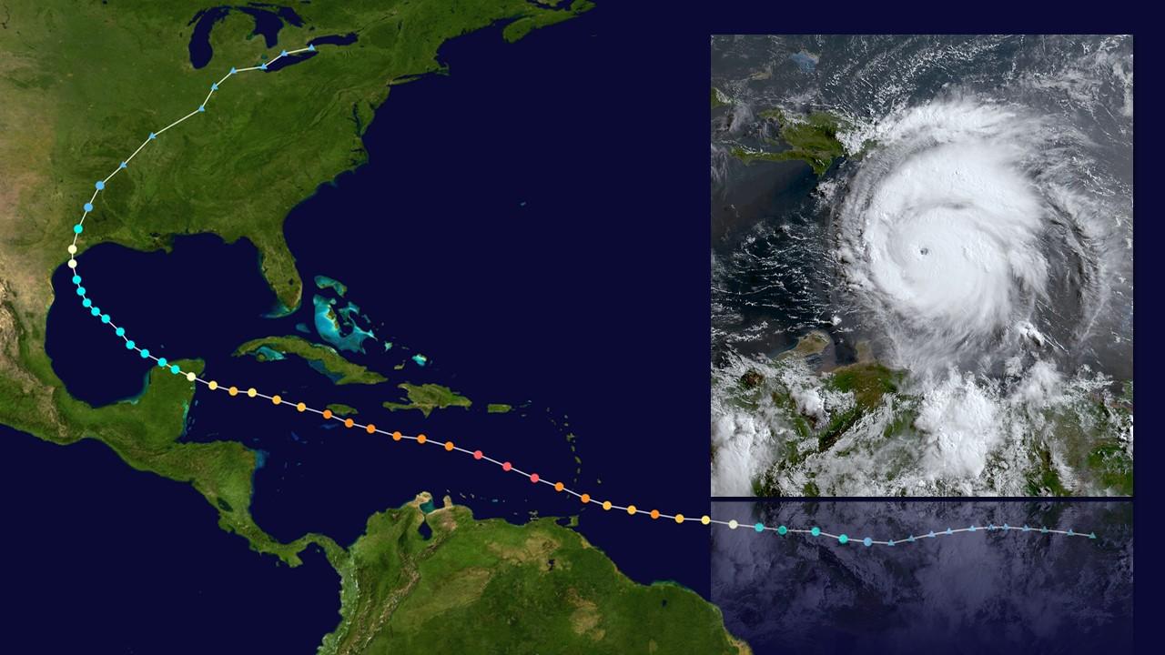 A gauche, trajectoire de l'ouragan Beryl. A droite, image satellite prise le 2 juillet 2024. [NOAA/Wikipedia]