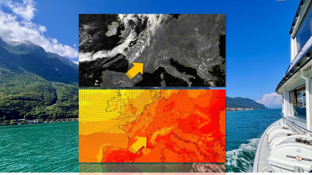 Image satellite simulée, températures et vents au sol, prévus par le modèle européen (ECMWF) pour le venrdredi 23 août 2024 à 12h locales