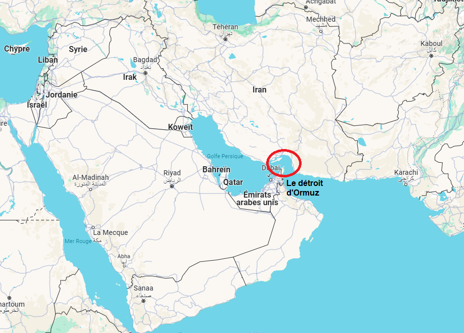 Le Détroit d'Ormuz pourrait être momentanément bloqué ou perturbé par l'Iran. [GoogleMap - RTS]