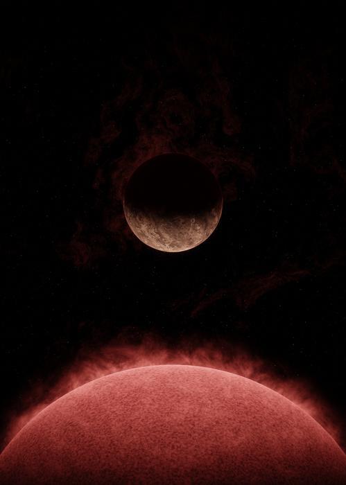 Vue d'artiste de l'exoplanète Speculoos-3 b en orbite autour de son étoile. La planète est aussi grande que la Terre, tandis que son étoile est légèrement plus grande que Jupiter, mais beaucoup plus massive. [Université de Liège - Lionel Garcia]