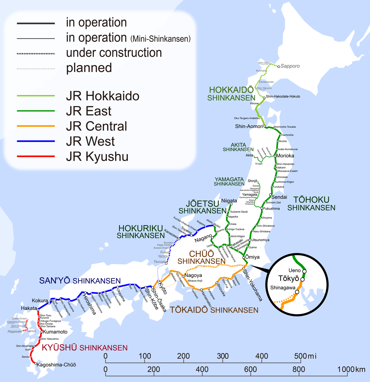 Le plan du réseau de Shinkansen au Japon, avec la nouvelle ligne à sustentation magnétique en traitillés jaunes, au centre. [CC BY-SA 4.0 - Hisagi]