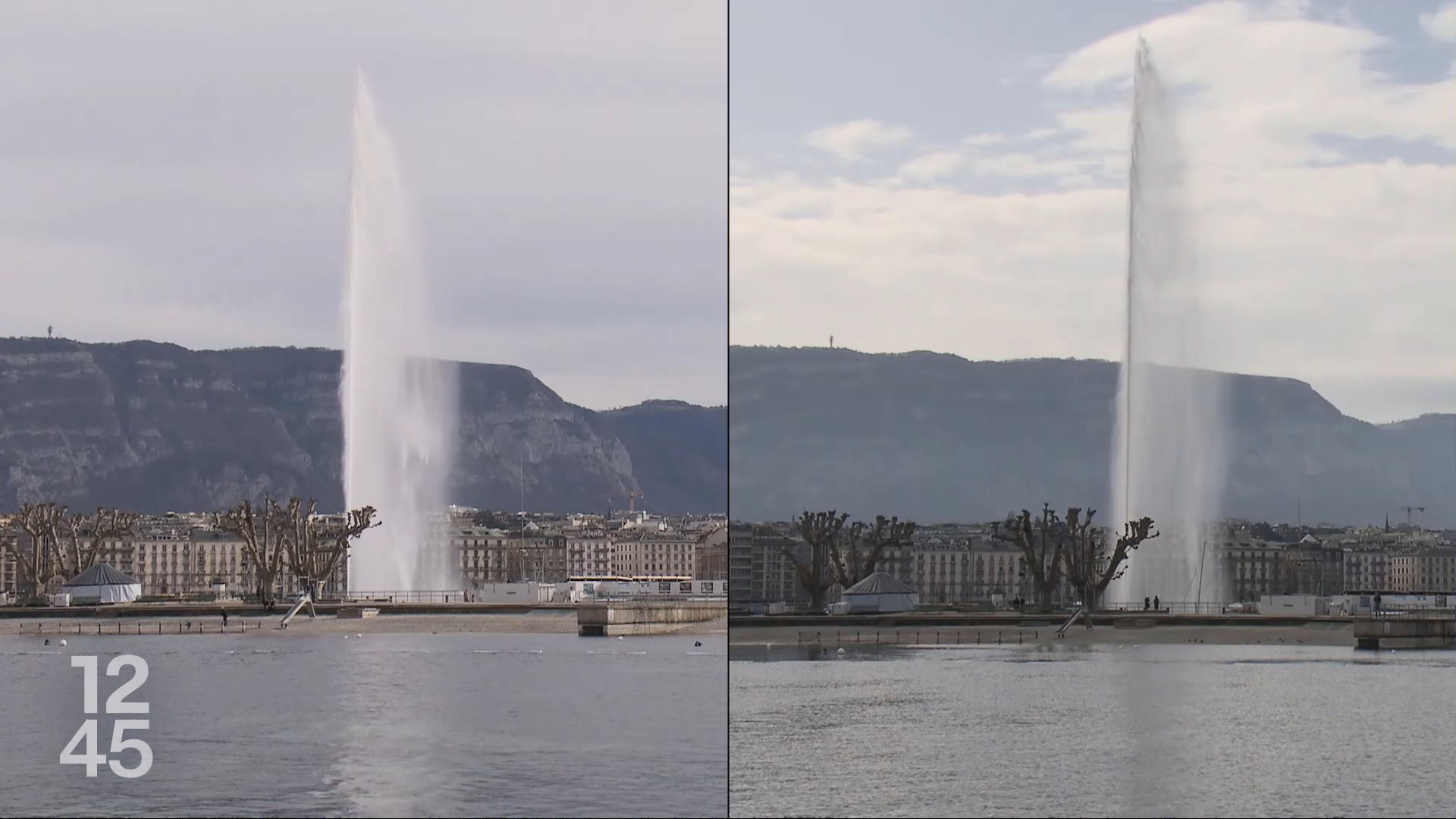 Le jet d'eau original, à gauche et celui avec la nouvelle buse, à droite. [RTS]
