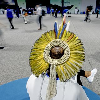 Un participant de la COP29 de Bakou en Azerbaïdjan. [Keystone/EPA - Anatoly Maltsev]