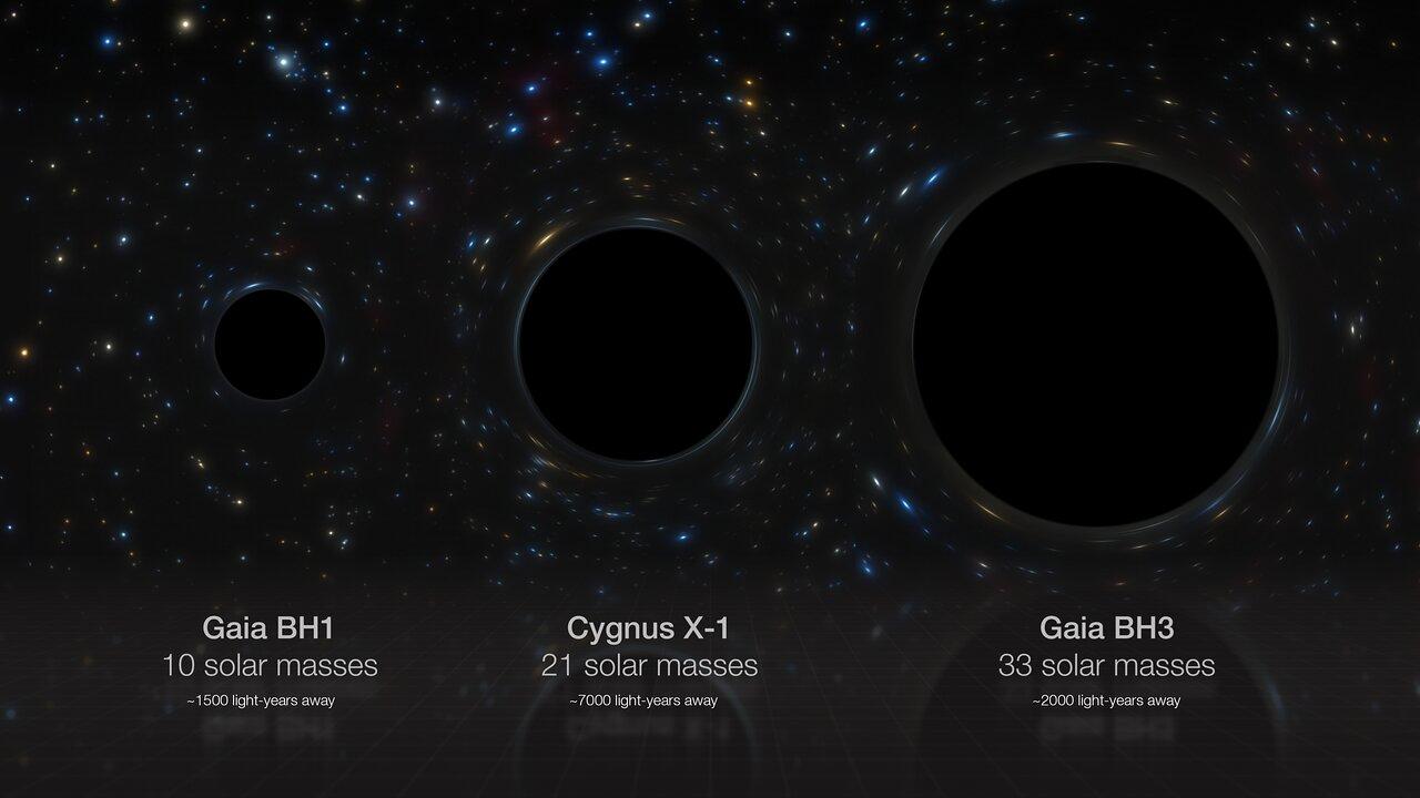 Comparaison de trois trous noirs stellaires de notre galaxie: Gaia BH1, Cygnus X-1 et Gaia BH3, dont les masses sont respectivement de 10, 21 et 33 fois celle du Soleil. Les rayons des trous noirs sont directement proportionnels à leur masse, mais il convient de noter que les trous noirs eux-mêmes n'ont pas été directement imagés. [ESO - image d'artiste: M. Kornmesser]