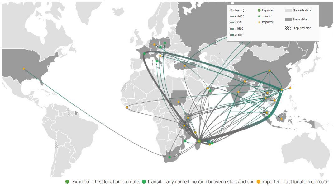 Saisies globales impliquant Madagascar, montrant les itinéraires des saisies par nombre d'individus/pièces. L'épaisseur des lignescorrespond aux quantités saisies. Lorsque les quantités ne sont pas connues, une quantité minimale de 1 est utilisée pour représenter l'itinéraire lorsqu'il est connu. Exportateur = premier lieu de l'itinéraire; Transit = tout lieu nommé entre le début et la fin; Importateur = dernier lieu de l'itinéraire. [www.traffic.org - "Evaluation du commerce de la faune et de la flore sauvages entre Madagascar et l'Asie du Sud-Est", rapport de mars 2023]