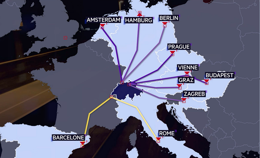 Les destinations possibles depuis la Suisse en train de nuit. Les lignes vers Rome et Barcelone devraient bientôt être ouvertes. [RTS]
