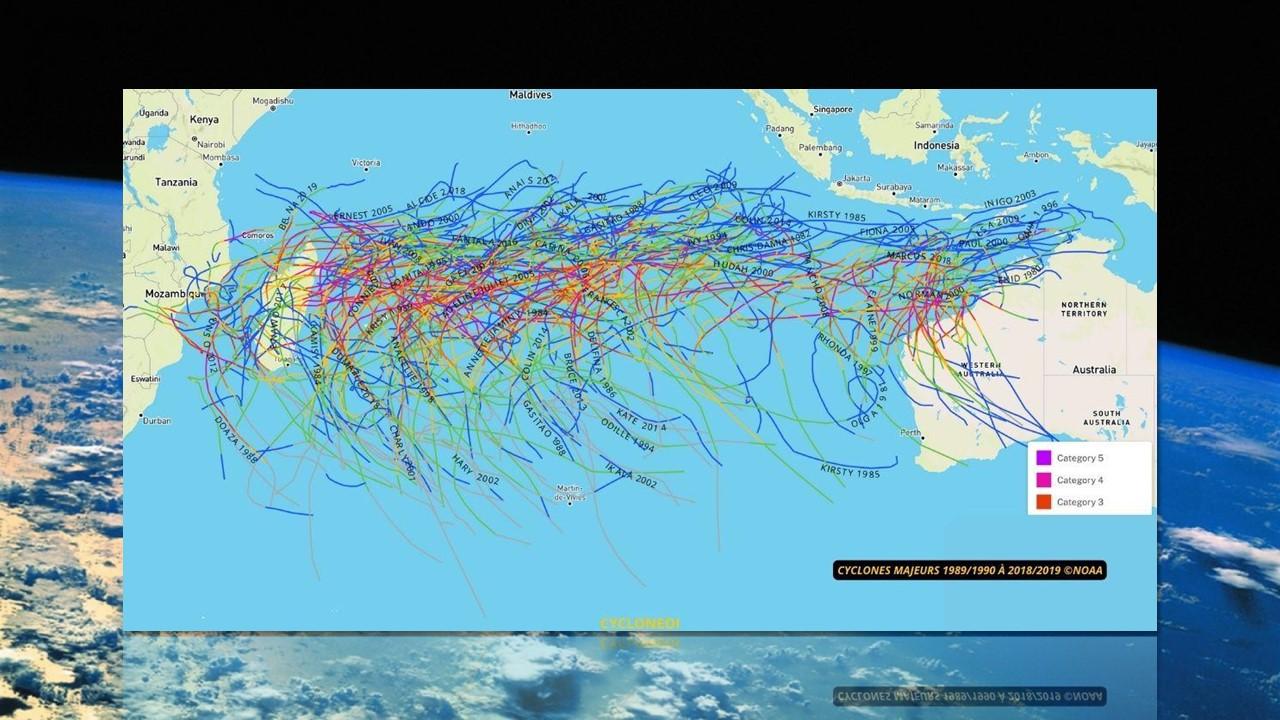 Trajectoires des cyclones majeurs sur l'Océan Indien de 1989 à 2019 [NOAA/NASA/Cyclonenoi.com]