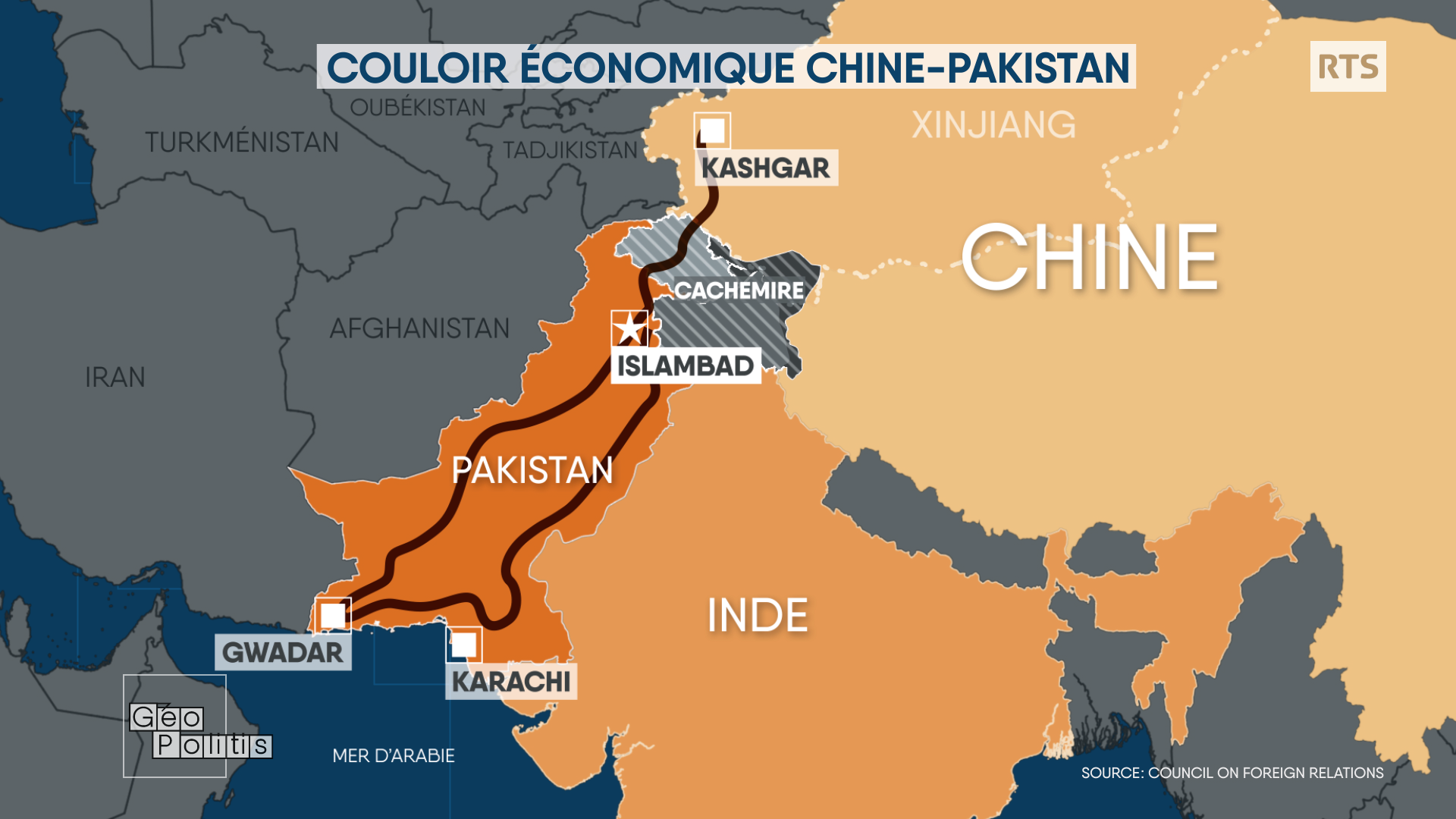 Le couloir économique prévu entre la Chine et le Pakistan. [RTS - Geopolitis]