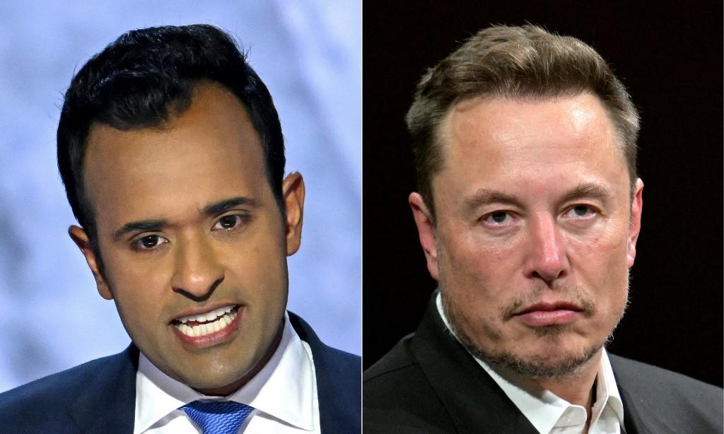 Vivek Ramaswamy (à gauche) et Elon Musk. [AFP - ANDREW CABALLERO-REYNOLDS ALAIN JOCARD]