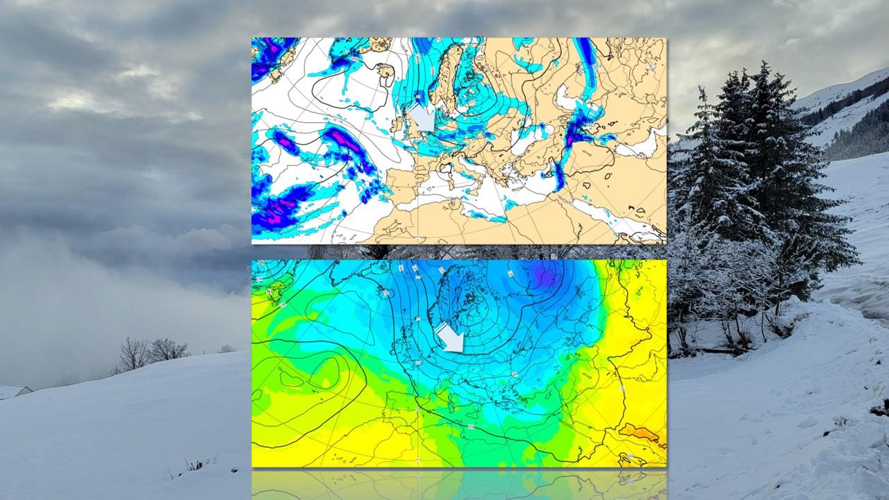 Répartition des pression et des températures, précipitations et orientation des courants prévus pour le 14 janvier 2024 à 12h00 UTC. [RTS/ECMWF - Claudia Sauthier]