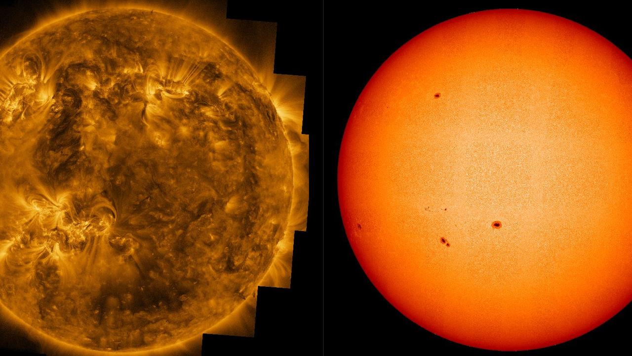 Solar Orbiter a réalisé quatre clichés en haute résolution du Soleil le 22 mars 2023 grâce aux instruments PHI et EUI embarqués sur la sonde (à gauche une image entièrement en ultraviolet, à droite en lumière visible). [Solar Orbiter/ESA & NASA - PHI + EUI Teams]