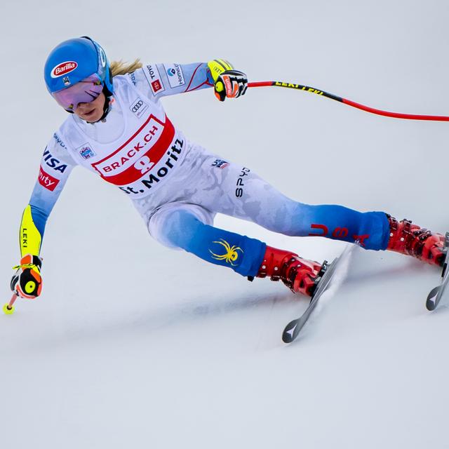 Mikaela Schiffrin au Super-G de St Moritz en 2021. [Keystone - Jean-Christophe Bott]