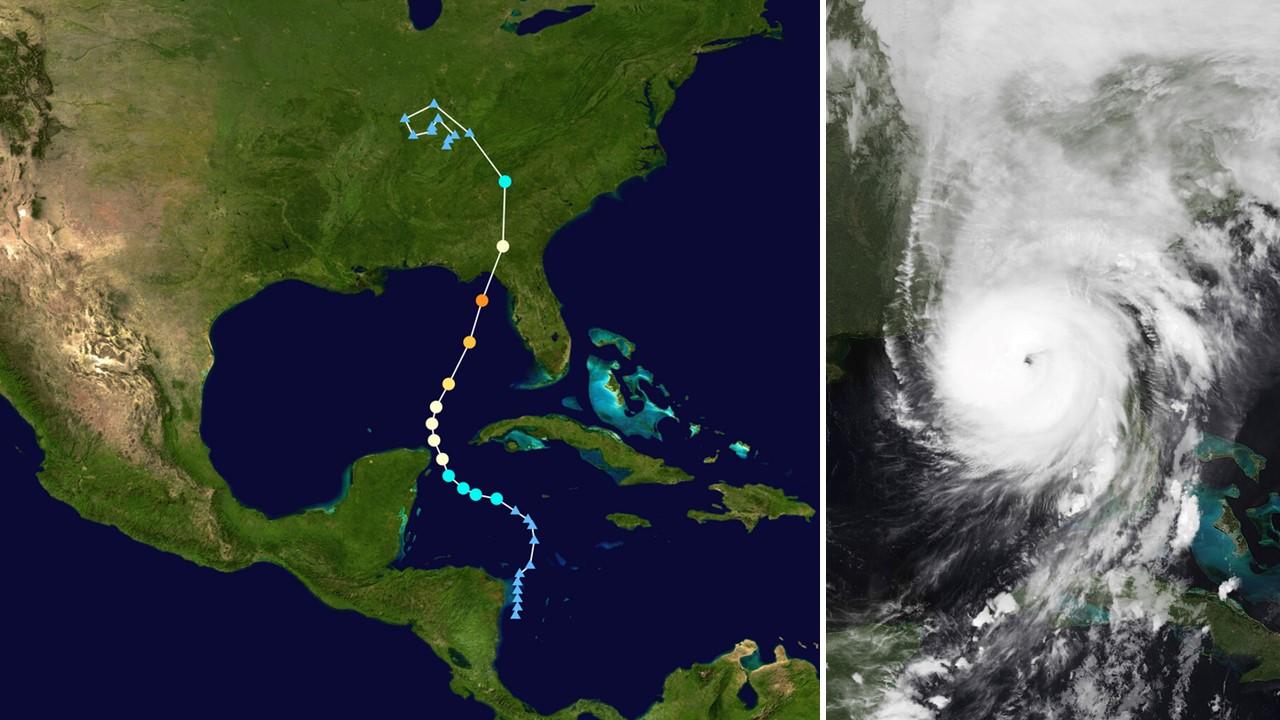 A gauche, trajectoire de l'ouragan Helene. A droite, image satellite au-dessus de la Floride, le 27 septembre 2024.