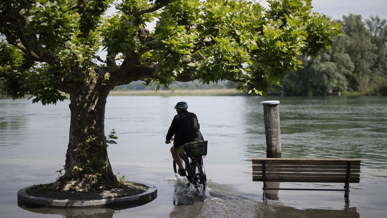 Un cycliste est contraint de rouler dans l'eau après une crue du Seerhein, à Gottlieben (TG). [Keystone - Gian Ehrenzeller]