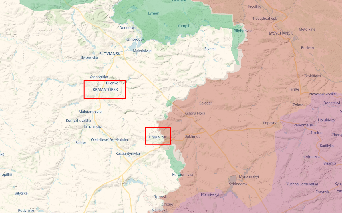 La ville de Tchassiv Yar défend la grande cité industrielle de Kramatosk, située un peu plus au nord-ouest. [https://deepstatemap.live/ - RTSinfo]