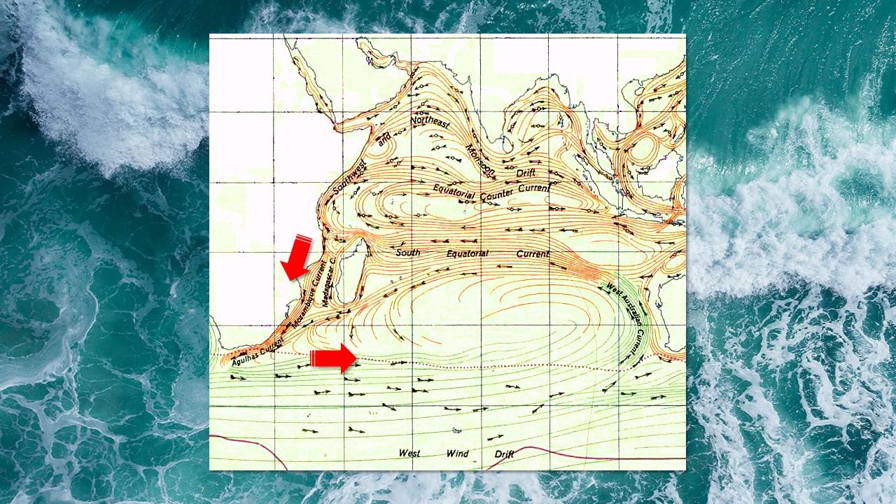 Circulation du courant des Aiguilles entre les côtes d'Afrique du Sud et l'Océan Indien [Wikipedia]