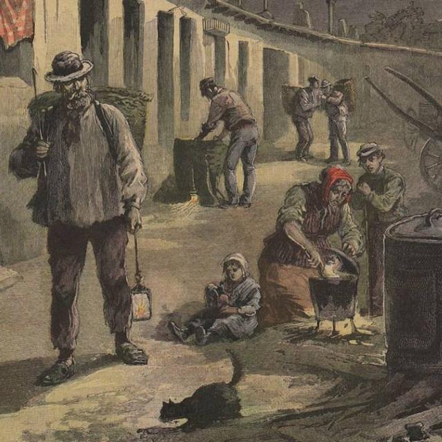 Le dessin d'un ''chiffonnier'' au travail dans un quartier insalubre de Paris (Le Petit Journal, 27 août 1892). [RetroNews-BnF - DR]
